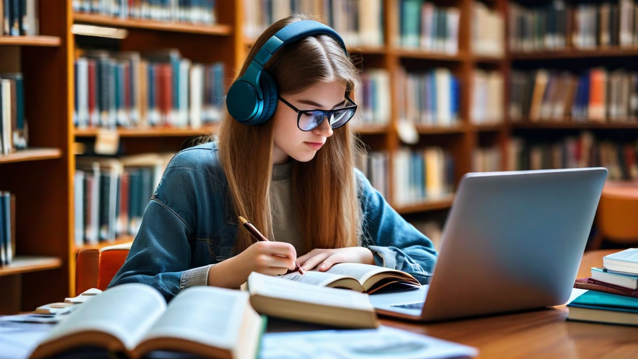 Student studying with books and taking notes
