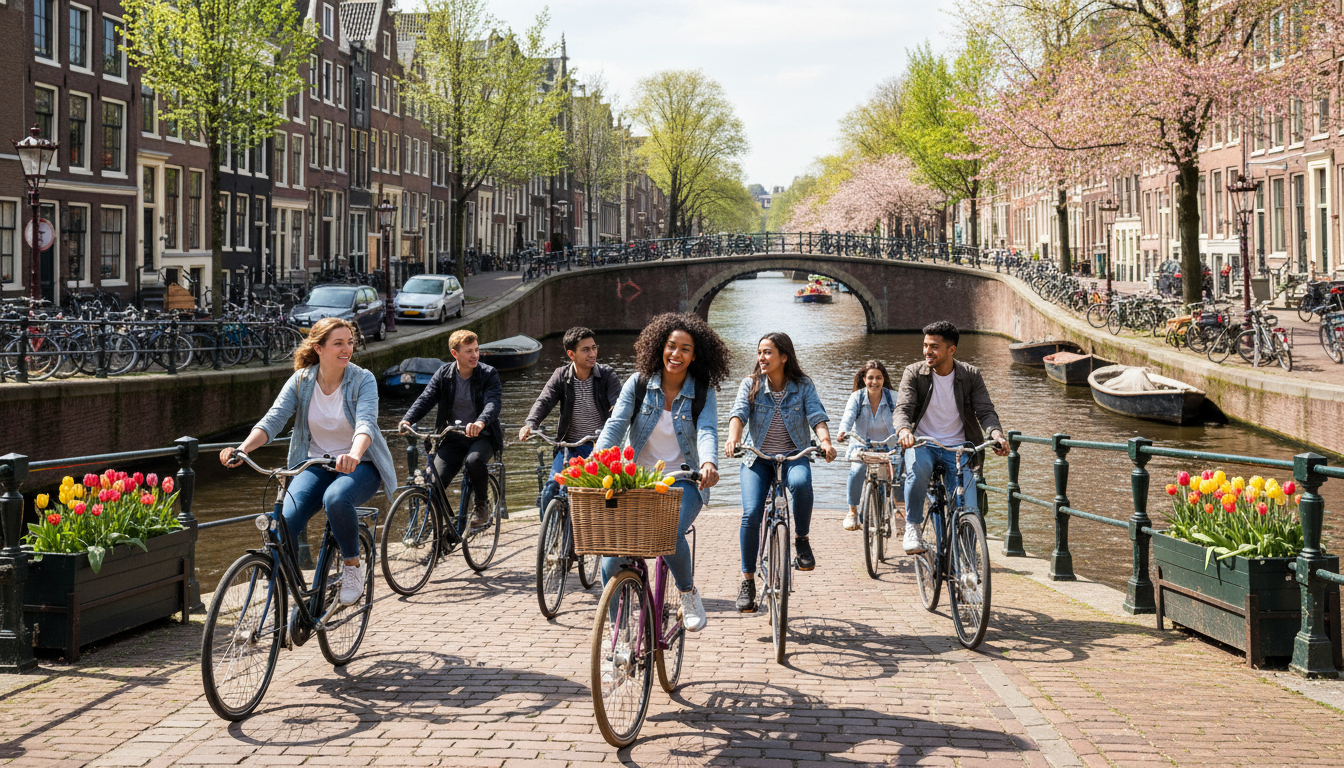 Amsterdam canal with traditional Dutch houses and bicycles